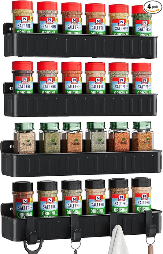 Nieifi Spice Rack Wall Mount, 4 Pack, Grey, 2 Inch Wide, Screw or Adhesive Installation, Spice Rack Organizer for Small Spice Jars, Suitable for Kitchen Cabinet or Pantry Door