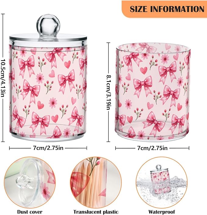 ALAZA 4pcs Pink Bow and Pink Flowers Pattern Qtip Holder Dispenser 14 oz Bathroom Storage Clear Apothecary Jars Containers Cotton Ball,Cotton Rounds,Floss Picks, Hair Clips, Food