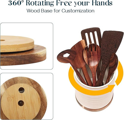DOWAN 360° Rotating Extra Large Cooking Utensil Holder, 7.6" Kitchen Utensil Holder for Countertop, Utensil Crock for Farmhouse Kitchen Decor, Ceramic Stable Utensil Caddy, Soft White