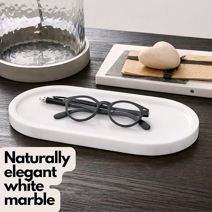White Marble Oval Bathroom Vanity Tray – 12”x6” Marble Tray for Countertop, Perfume & Jewelry Display | Solid 2cm Thick Stone Tray