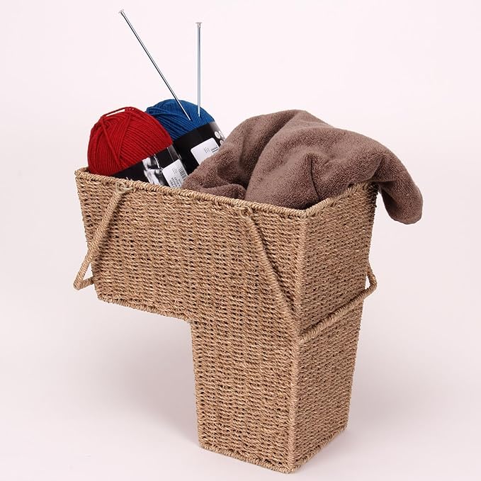 Household Essentials Wicker Stair Basket with Handles, Handwoven Seagrass, Natural