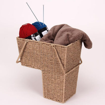 Household Essentials Wicker Stair Basket with Handles, Handwoven Seagrass, Natural