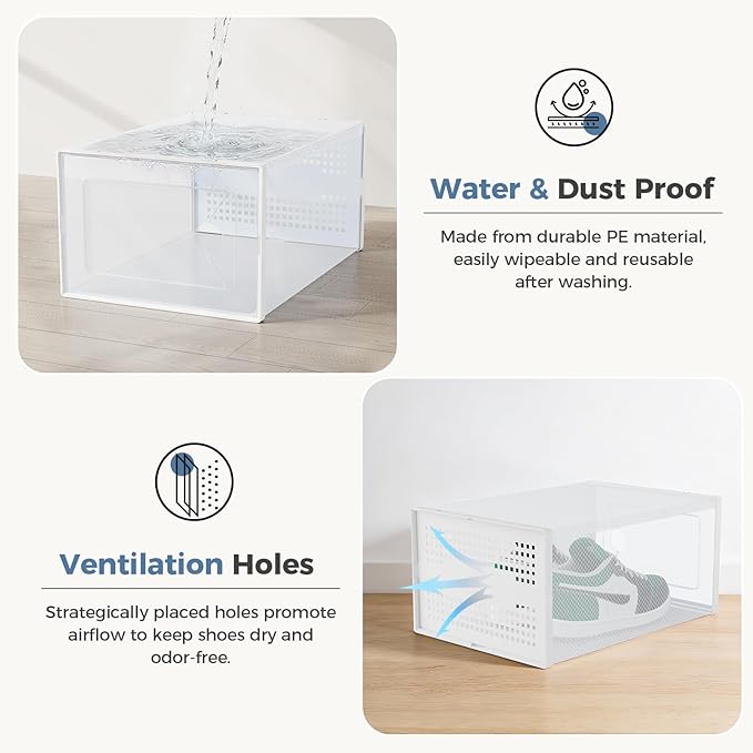 DUMOS Shoe Storage Boxes, 12-Pack Stackable Clear Shoe Containers with Lids, Display Sneaker Case Organizer for Closet, Under Bed, Entryway,White, Fit Size 11