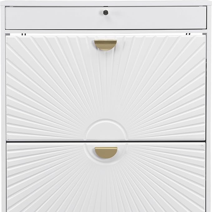 XIAO WEI Shoe Cabinet, Shoe Storage Organizer Cabinet with 2 Flip Wavy Line Drawers, Freestanding Shoe Rack with Adjustable Shelf for Entryway (White)