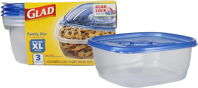 Glad GladWare XL Square Food Storage Containers with Lock Tight Lids, BPA-Free Family Size Plastic Containers for Leftovers, Meal Prep, and Freezer Storage, Dishwasher Safe, 104 Oz, 3 Count