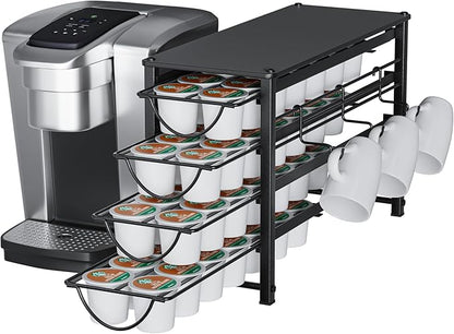 HFHOME Coffee Pod Organizer for Countertop, 4-Tier Metal Storage Drawer, Holds 56 Capsules, Coffee Station Holder for Kitchen, Office, or Home, 3 cup rack, Black