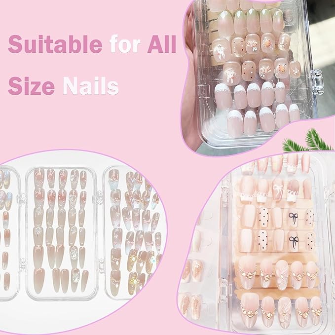 Tri-Fold Press on Nail Storage Box,Portable Press on Nails Organizer Case with 60 Pcs Adhesive Double Sided Tape,Acrylic Nail Storage Box for All Size Fake Nails Home Travel Use