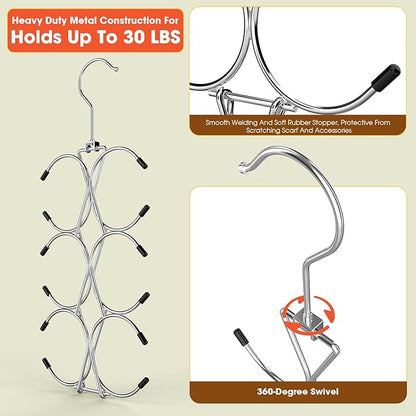 Scarf Hanger 2 Pack 24 Storages,Purse Hanger with 360 Swivel Hook,Scarf Organizer Scarf Hangers for Closet,for Scarves, Shawl,Belt,Purse & Baseball Cap