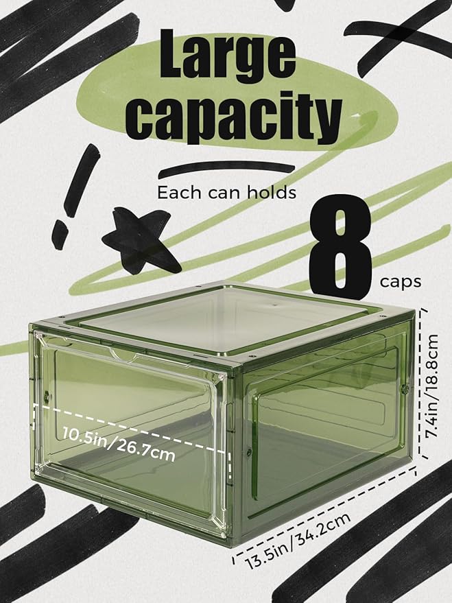 SCAVATA 6 Pack Hat Organizer Box, Stackable Clear Baseball Caps Holder Box Containers with Magnetic Door for Hats Snapback Cap Storag, Hat Rack Display Case, Holds 8 Hats Each (Green)