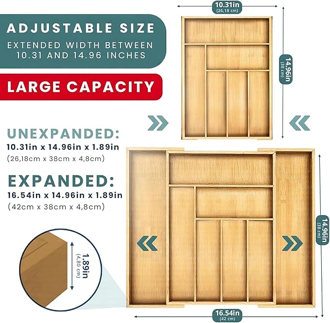 Sben Expandable Drawer Organizer for Utensils Holder, Adjustable Cutlery Tray, Wood Drawer Dividers Organizer for Silverware, Flatware, Knives for Kitchen (Bamboo, Medium)