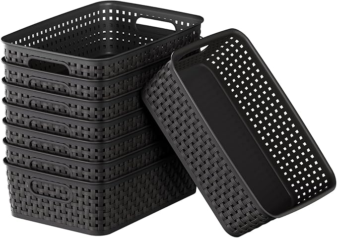 FUCDTEFC Black Plastic Basket, 8 Pack Home Organization and Storage Baskets with Handles, Space Saving Woven Organizer Bins Plastic Storage Basket for Organizing Cabinets,Closets, Shelves, Countertops