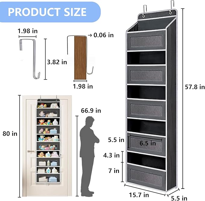 Over the Door Organizer with 5 Front Pockets and 5 Mesh Side Pockets,Extra Large Hanging Organizer for Over the Door Storage in Bedroom, Bathroom,Pantry, Nursery (Black)