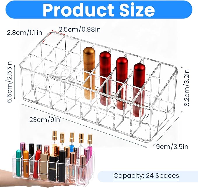 2 Pcs Rollerball Perfume Organizer, 24 Spaces Acrylic Perfume Storage Holder, Clear Beauty Scent Holder, Makeup Display Case Organizer for Lipstick Lip Glosses Brushes Perfumes Sample Mascara