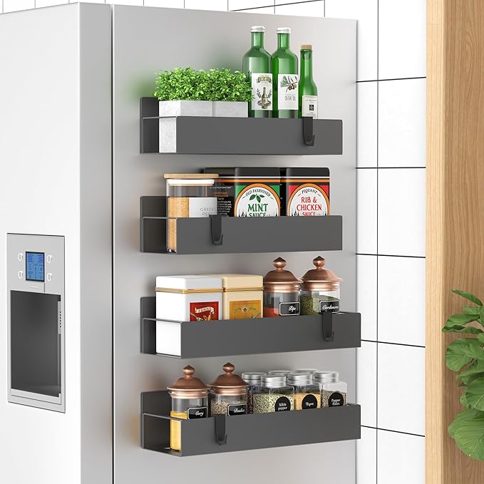 HuggieGems 4 Pack Magnetic Spice Storage Rack Organizer for Refrigerator and Oven, Dark Gray Fridge Organizers and Storage