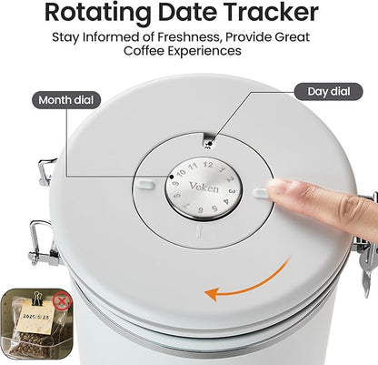 Veken Coffee Canister, 39OZ Large, Airtight Stainless Steel Food Storage Container for 2.2lbs Coffee Beans, Ground, Sugar, Tea, Flour, Cereal, Kitchen Bar Accessories with Date Tracker & Scoop, White