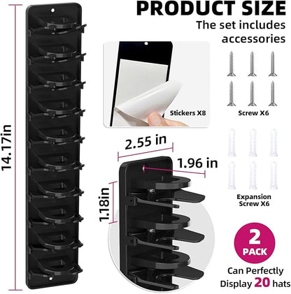 Spring Clip Hat Organizer for Baseball Caps – 2 Pack, Wall Hat Rack for Door & Closet – Keeps 20 Hats Tidy in Entryway, Dorm, Bedroom – Multi-Layer Cap Storage (Adhesive or Screws)