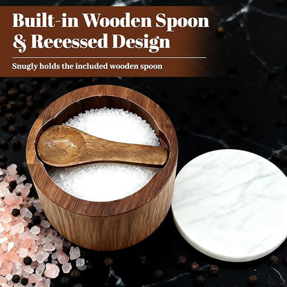 Salt Cellar with Lid, Built-in Spoon Box Bowl, Airtight Spice Container for Kitchen, Grey Natural Marble Top & Solid Walnut Wood Base, Modern Rustic Style (3.5”D x 2.7”H)