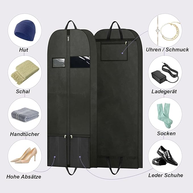 Dress Bags for Gowns 60", Long Garment Bags for Hanging Clothes Travel with Pockets and Zipper, Gusseted Garment Bag for Dress, Shows Dance Costume, Tuxedos, Clothes Protector Suit Cover Bags Black