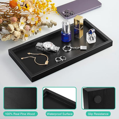 ALELION 11.7" Bathroom Vanity Tray for Counter - Black Wood Decorative Tray for Toilet Tank Makeup Perfume Jewelry Catchall Coffee Table - Wooden Kitchen Countertop Organizer for Soap Dispenser
