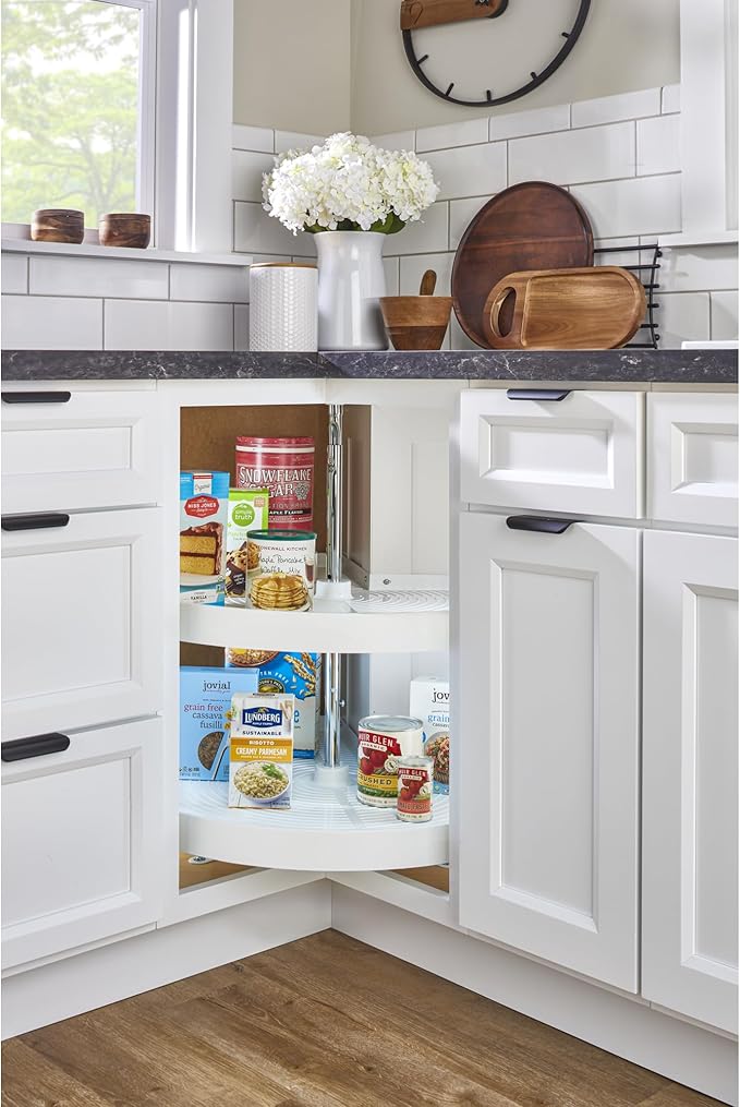 Rev-A-Shelf 24" Pie-Cut Dual Tier Lazy Susan Organizer for Corner Base Kitchen Cabinets, Plastic Home Rotating Storage Shelves, White, 2942-24-11-1
