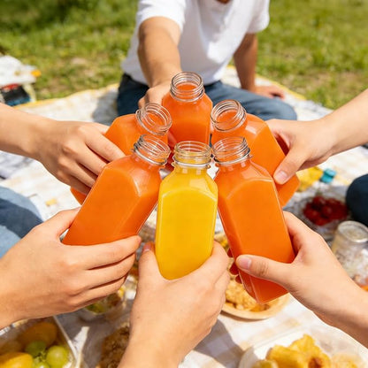 Plastic Juice Bottles, Reusable Juice Containers with White Tamper Proof Lids, Brush, Funnel and Labels, Clear Juice Containers for Juicing, Smoothie and Homemade Beverages (6PCS 12oz)