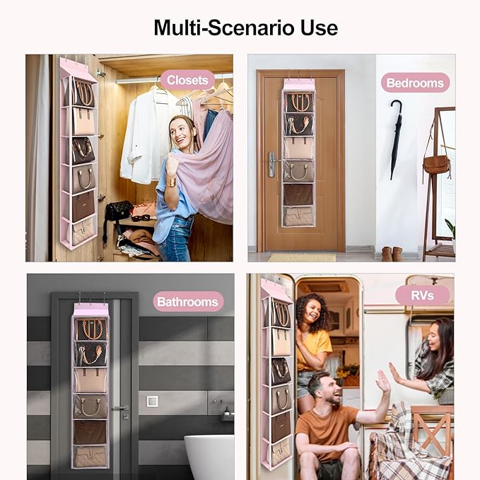 Lirex Over The Door Purse Organizer & Purse Shelf for Closet – Handbag Storage Organizer with Purse Hanger. Perfect for Scarves, Hats, and Leggings. L (15.7'' x 5.7'' x 68''), Pink