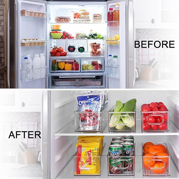 Set of 4 Refrigerator Pantry Organizer Bins - Stackable Fridge Organizers with Handles for Pantry, Freezer, Kitchen, Countertops, Cabinets - Clear Plastic Food Storage Bins