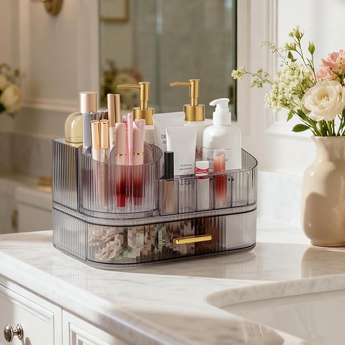 Delamu Makeup Organizer for Vanity with Stackable Drawers, 360 Rotating Makeup Brush Holder Large Cosmetic Display Case, Bathroom Skincare Storage, Crystal Black, Ideal Gifts for Women