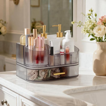 Delamu Makeup Organizer for Vanity with Stackable Drawers, 360 Rotating Makeup Brush Holder Large Cosmetic Display Case, Bathroom Skincare Storage, Crystal Black, Ideal Gifts for Women