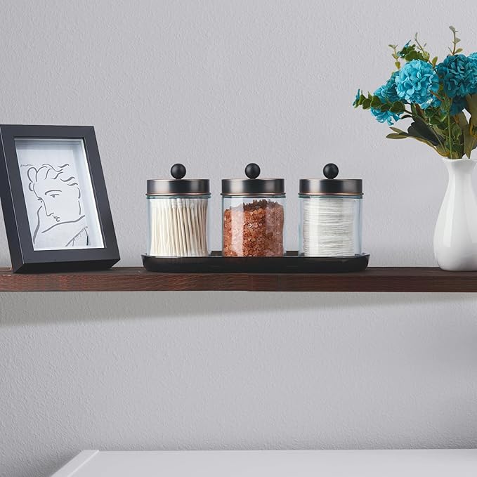 SheeChung 3pcs Glass Qtip Holder with Tray - Oil Rubbed Bronze Bathroom Storage Jars - Apothecary Jar Set for Cotton Swabs & Floss Picks - Decorative Vanity Organizer