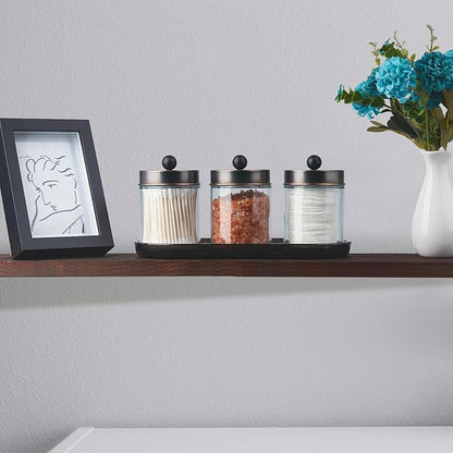 SheeChung 3pcs Glass Qtip Holder with Tray - Oil Rubbed Bronze Bathroom Storage Jars - Apothecary Jar Set for Cotton Swabs & Floss Picks - Decorative Vanity Organizer