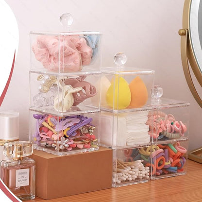 BLVRYVIO Hair Accessories Organizer for Girls, Clear 3 Stackable Acrylic Hair Tie Organizer for Headband, Bows, Cotton Swab Organization, Bathroom Containers Hair Clip Holder Storage with Lids