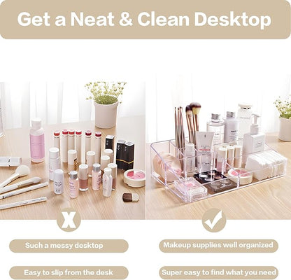 Clear Makeup Organizer, Makeup Brushes Storage Case, Cosmetic Display Case Tray, Tiered Skincare Organizer, Acrylic Lipstick Holder Countertop Desk Brush Organizer for Bedroom Vanity