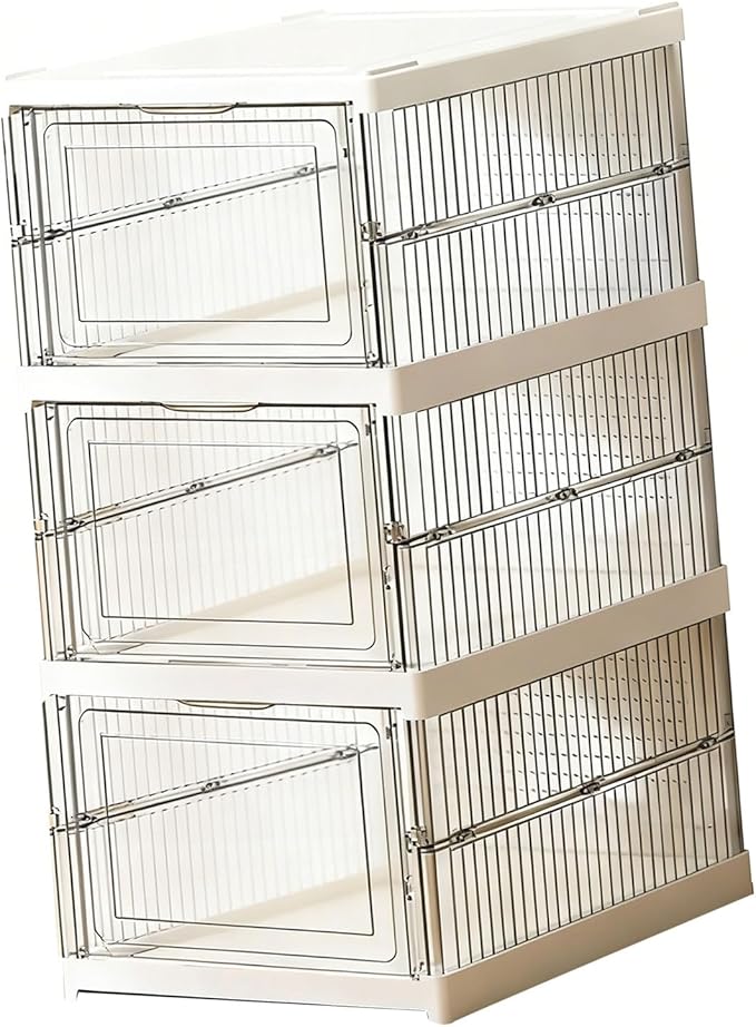 TARSHYRY Foldable Shoe Organizer, Stackable Shoe Rack with Transparent Door, Space Saving Bin Holder for Sneaker Container, Organizer for Boots, Heels, Sandals (3 Layers 10.04x13.58x20.67in)