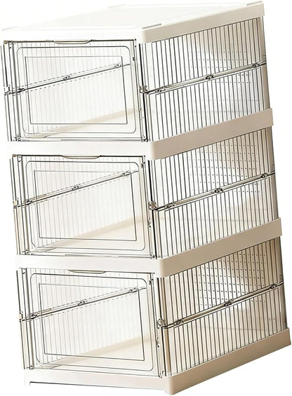 TARSHYRY Foldable Shoe Organizer, Stackable Shoe Rack with Transparent Door, Space Saving Bin Holder for Sneaker Container, Organizer for Boots, Heels, Sandals (3 Layers 10.04x13.58x20.67in)