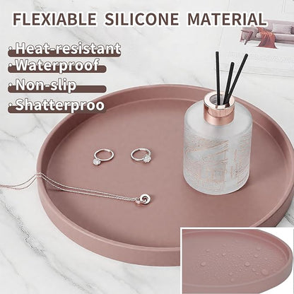 Silicone Bathroom Tray, 9" Round Reddish Brown Vanity Organizer – Decorative Countertop Tray for Soap, Candle, Perfume, Kitchen & Coffee Table
