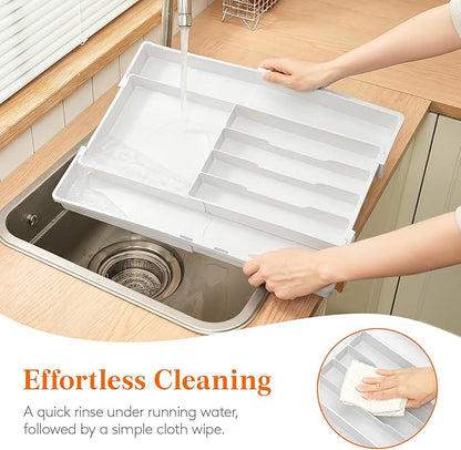 Lifewit Silverware Drawer Organizer, Expandable Utensil Tray for Kitchen, BPA Free Flatware and Cutlery Holder, Adjustable Plastic Storage for Spoons Forks Knives, 4-7 Slots, White