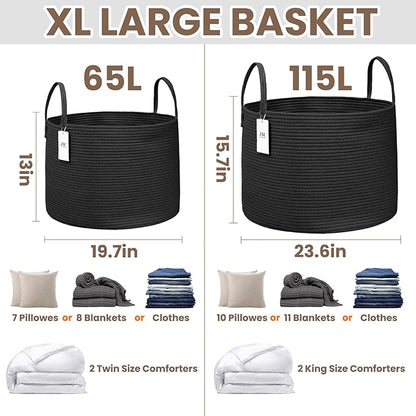 JMvicyroam 65L Extra Large Blanket Basket for Living Room - Woven Cotton Rope Laundry Hamper with Reinforced Handles - Storage Bin for Pillows, Comforters & Toys - Machine Washable,Black