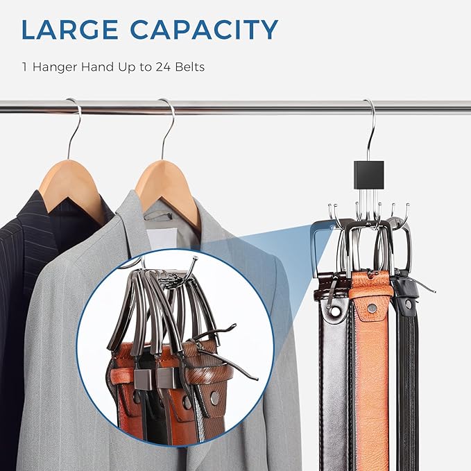 Belt Hanger, Belt Organizer for Closet 360° Rotatable Max 24 Belt Storage Space Saving Closet Organizers and Storage for Belt, Bra, Tank Top, Tie, Scarf, Purse 3Pcs