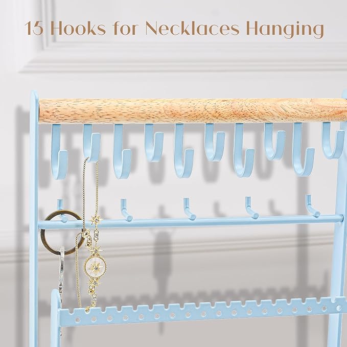 ProCase Jewelry Organizer Stand Necklace Organizer Earring Holder, 6 Tier Jewelry Stand Necklace Holder with 15 Hooks, Jewelry Tower Display Rack Storage Tree for Bracelets Earrings Rings -Blue