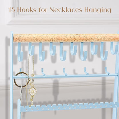 ProCase Jewelry Organizer Stand Necklace Organizer Earring Holder, 6 Tier Jewelry Stand Necklace Holder with 15 Hooks, Jewelry Tower Display Rack Storage Tree for Bracelets Earrings Rings -Blue