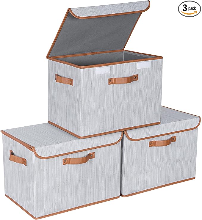 Univivi Heavy Duty Fabric Storage Bins with Lid, Large 17" 10 Gallon Stackable Storage Bins with Leather Handles, Decorative Storage Boxes with Lids for Bedroom, Closet, Nursery, Office, 3-Pack(Grey)