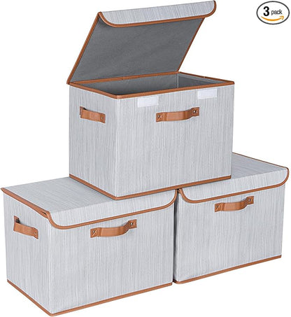 Univivi Heavy Duty Fabric Storage Bins with Lid, Large 17" 10 Gallon Stackable Storage Bins with Leather Handles, Decorative Storage Boxes with Lids for Bedroom, Closet, Nursery, Office, 3-Pack(Grey)