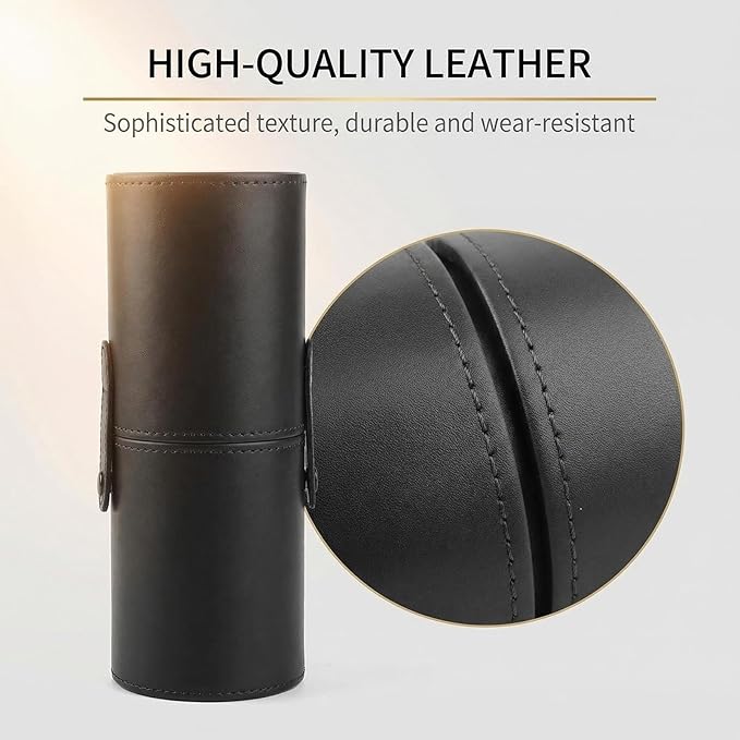 UPSTORE Portable Makeup Brush Case Black PU Leather Cosmetic Makeup Brush Holder Organizer for Short Brushes Cylindrical Design with Snap Closure 9 x 3.1 inch