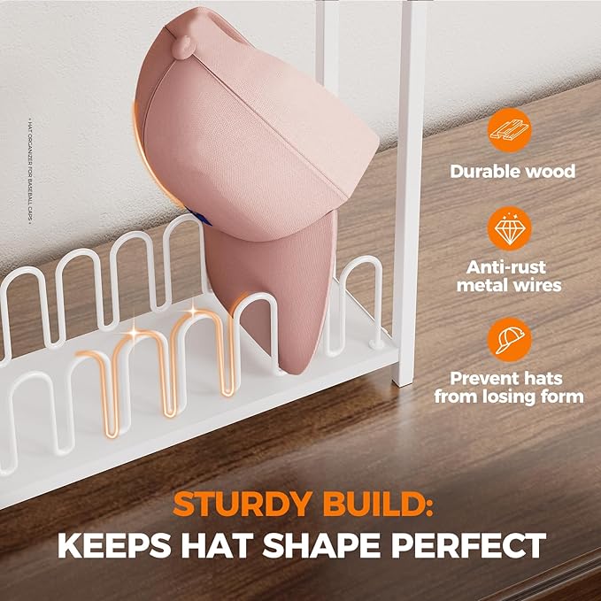 Cinati 2-Tier Hat Organizer for Baseball Caps, 18 Capacity Freestanding Baseball Cap Rack, Metal & Wood Hat Storage for Closet Entryway Bedroom, Black Cap Holder Stand, Gifts for Men Dad