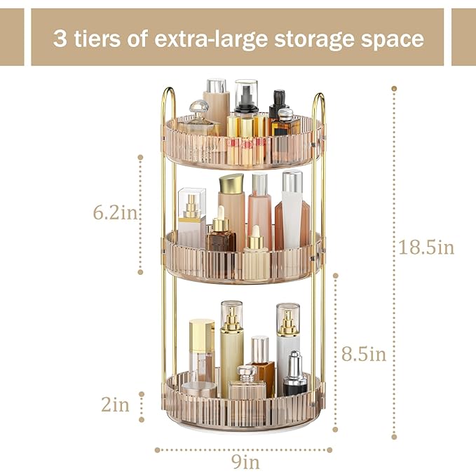 MOKANI 360 Rotating Makeup Organizer for Vanity, 3 Tier Adjustable Perfume Organizer for Dresser, Multi-Function Spinning Cosmetics Skincare Storage for Bedroom, Dresser, Countertop, Amber