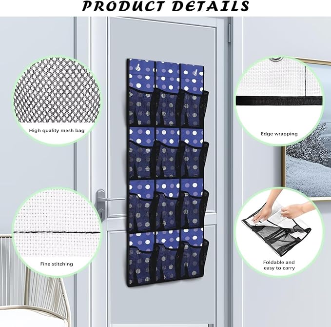 12-Pocket Over The Door Hanging Organizer, Lightweight Oxford Cloth Waterproof Foldable and Perfect for Bathroom Bedroom or Closet Storage Solutions, Dots Print Dark Blue