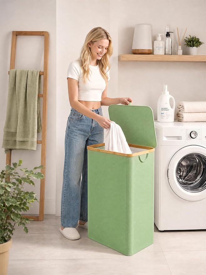 iEGrow Laundry Basket with Lid, 110L Large Laundry Hamper with Banboo Handle, Dirty Clothes Hamper with Removable Inner Bag for Laundry Room Organization- Green