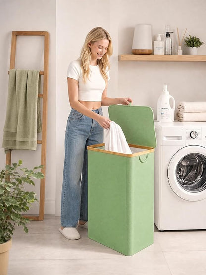 iEGrow Laundry Basket with Lid, 110L Large Laundry Hamper with Banboo Handle, Dirty Clothes Hamper with Removable Inner Bag for Laundry Room Organization- Green