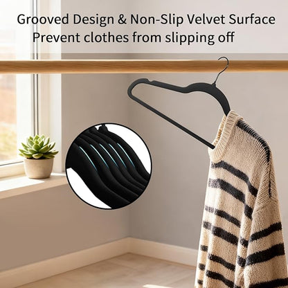 ManGotree Black Velvet Coat Hangers with 360° Swivel Black Hook, Non-Slip Felt Suit Hangers, Slim Space Saving Clothes Hanger for Jacket, Sweater, Shirt, Dress, Pants (22 Pack)